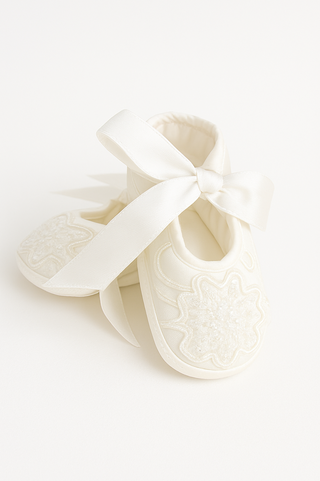 Pair of white baby Christening shoes with a bow on a light background.