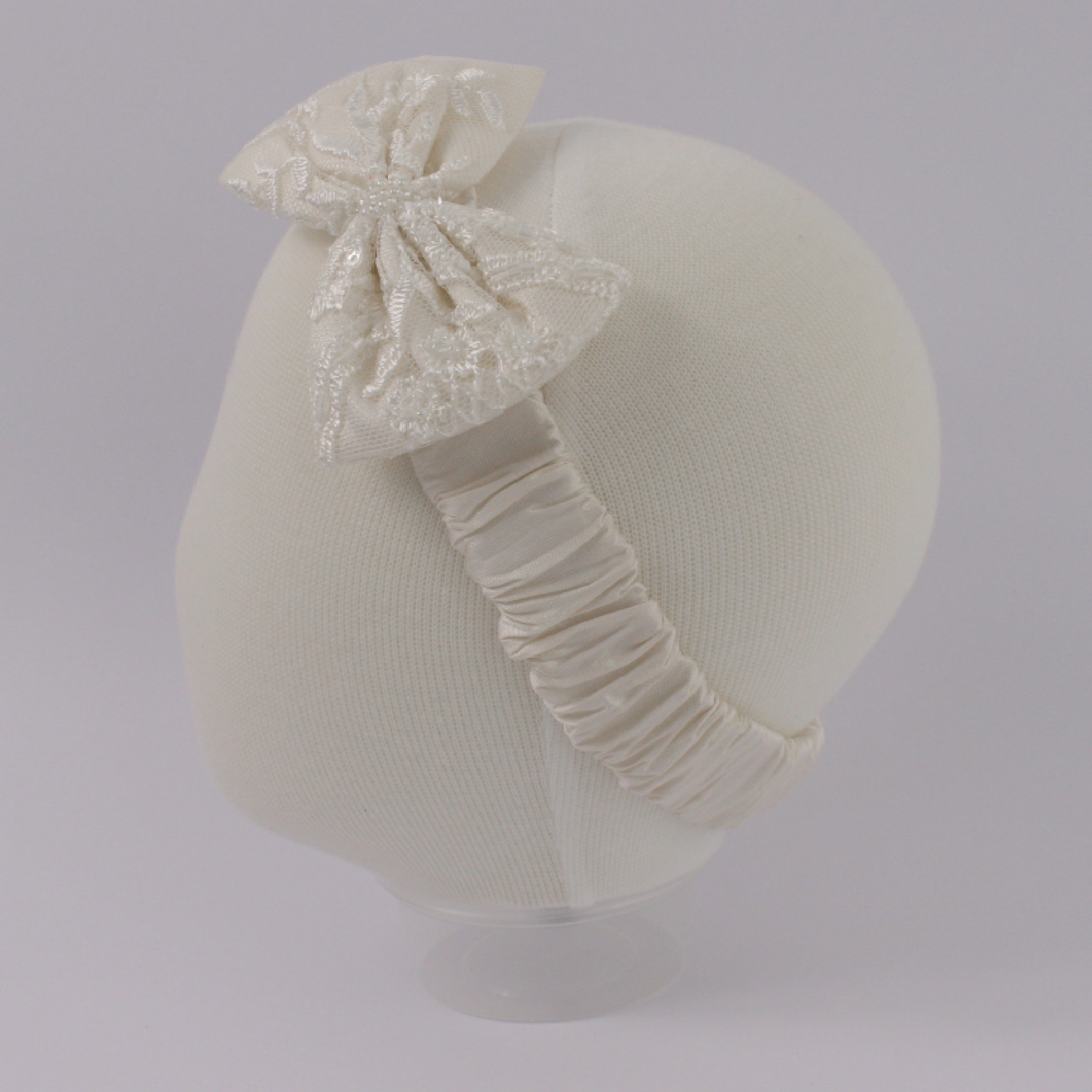 Ivory baby headband from the My Blessing Faith set featuring a lace floral centerpiece with glass seed bead embellishments.