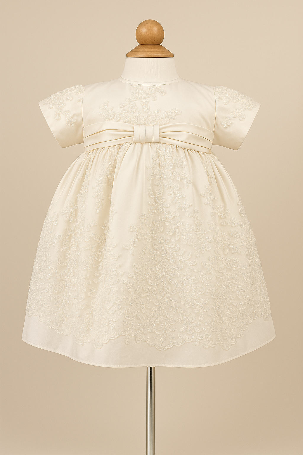 My Blessing Fruitful ivory christening dress featuring an embroidered lace bodice adorned with reflective sequins and glass seed beads.