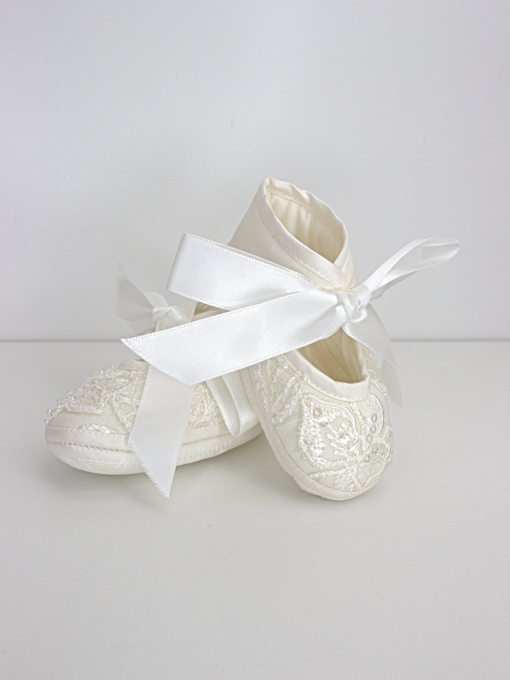 My Blessing ivory christening shoes with satin finish and lace detailing from the Glorious set.