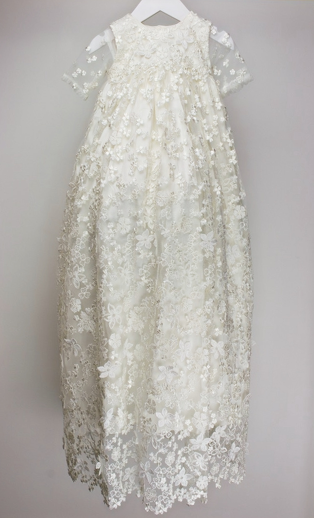 Ivory full‑length My Blessing Promise christening gown featuring a European floral bridal lace overlay with delicate glass seed bead detailing over pure silk.