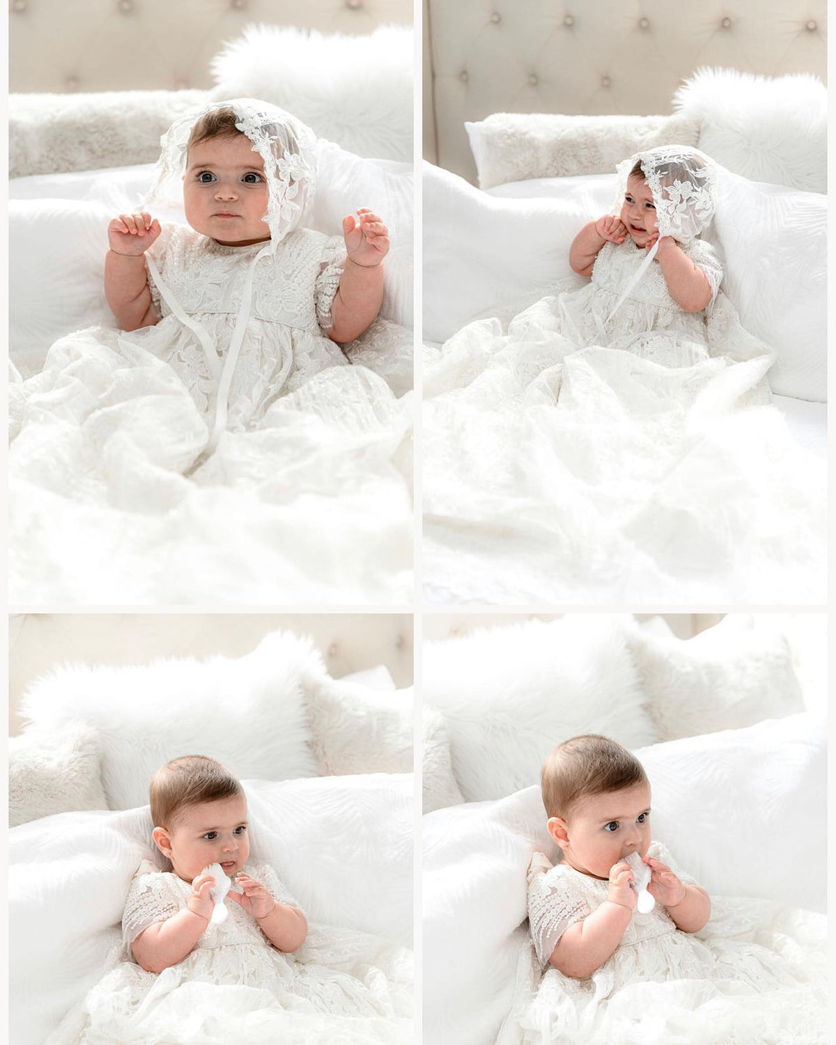 Collage of baby girl wearing the My Blessing Elora ivory christening gown and matching bonnet highlighting the lace embroidery with sequins, glass seed beads, and Swarovski crystal beadwork.