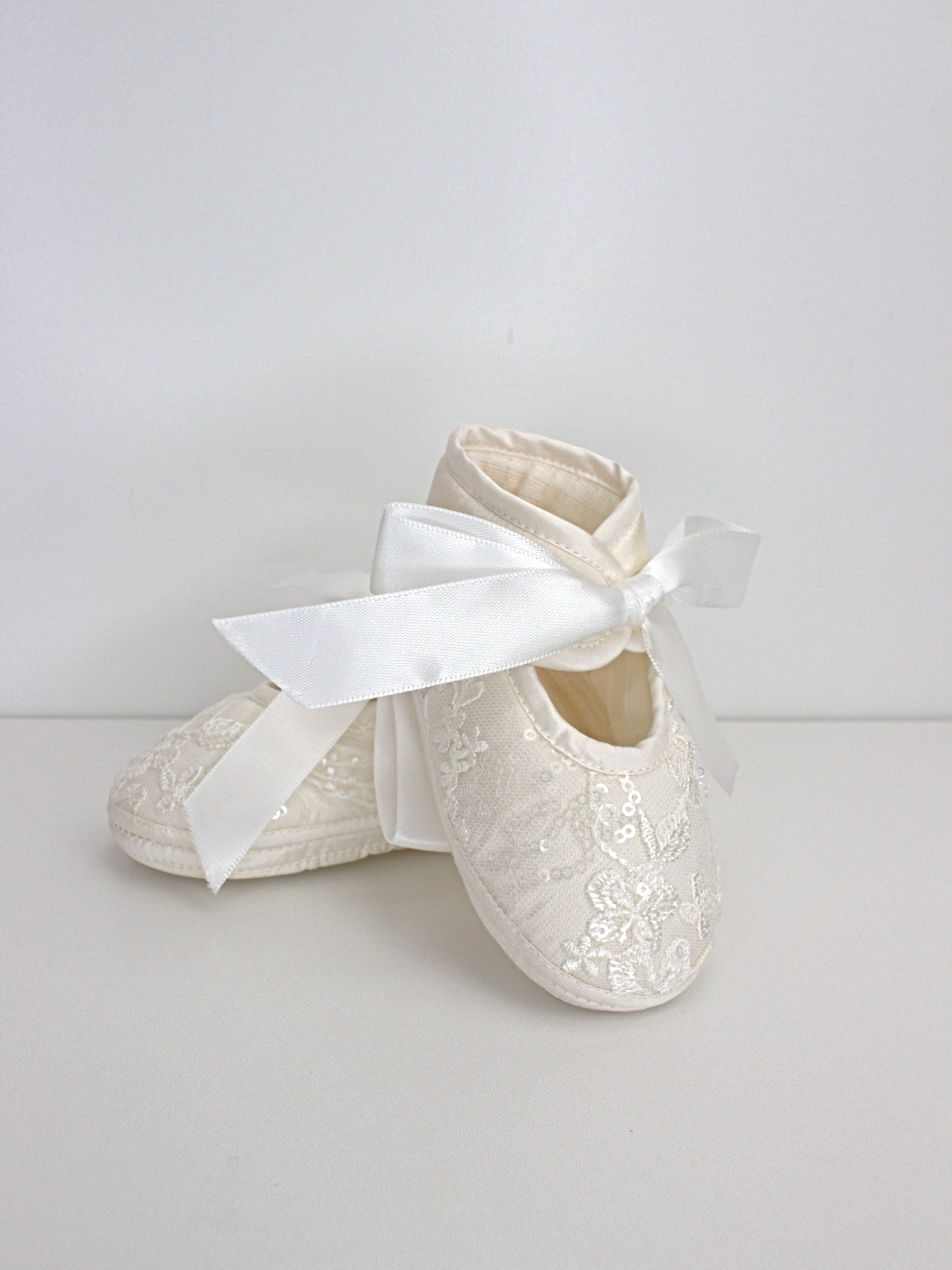 My Blessing Eternal ivory christening shoes with satin finish and lace detailing from the Eternal set.