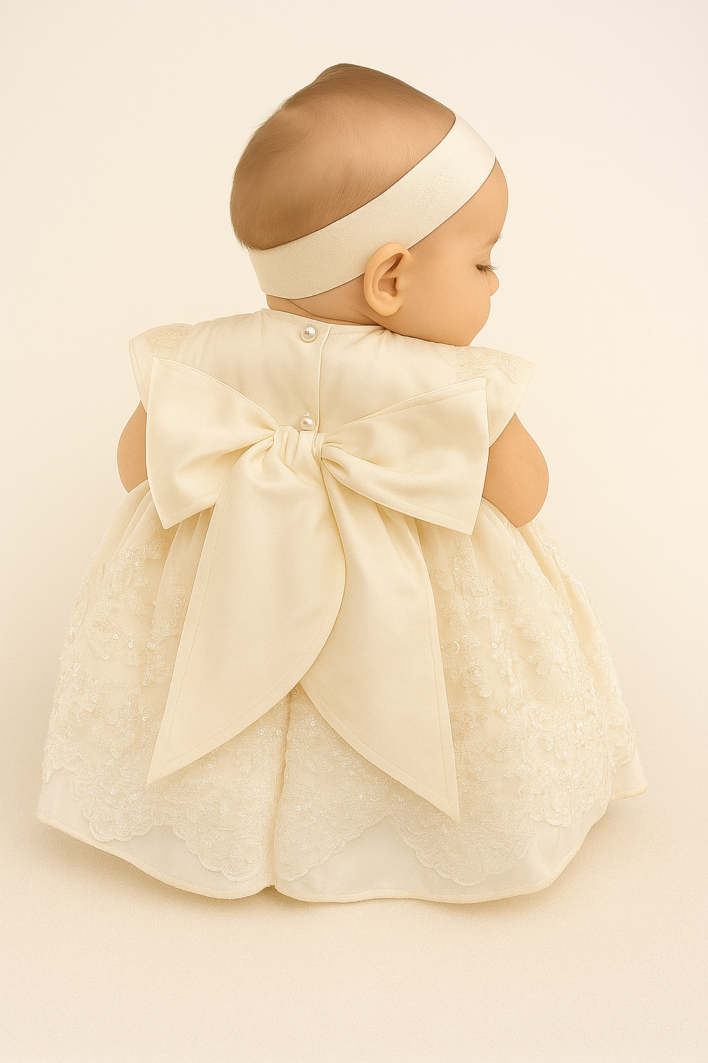 Baby girl wearing the My Blessing Fruitful ivory christening dress and matching headband featuring an embroidered lace bodice embellished with reflective sequins and glass seed beads. Back featuring large pure silk bow,.