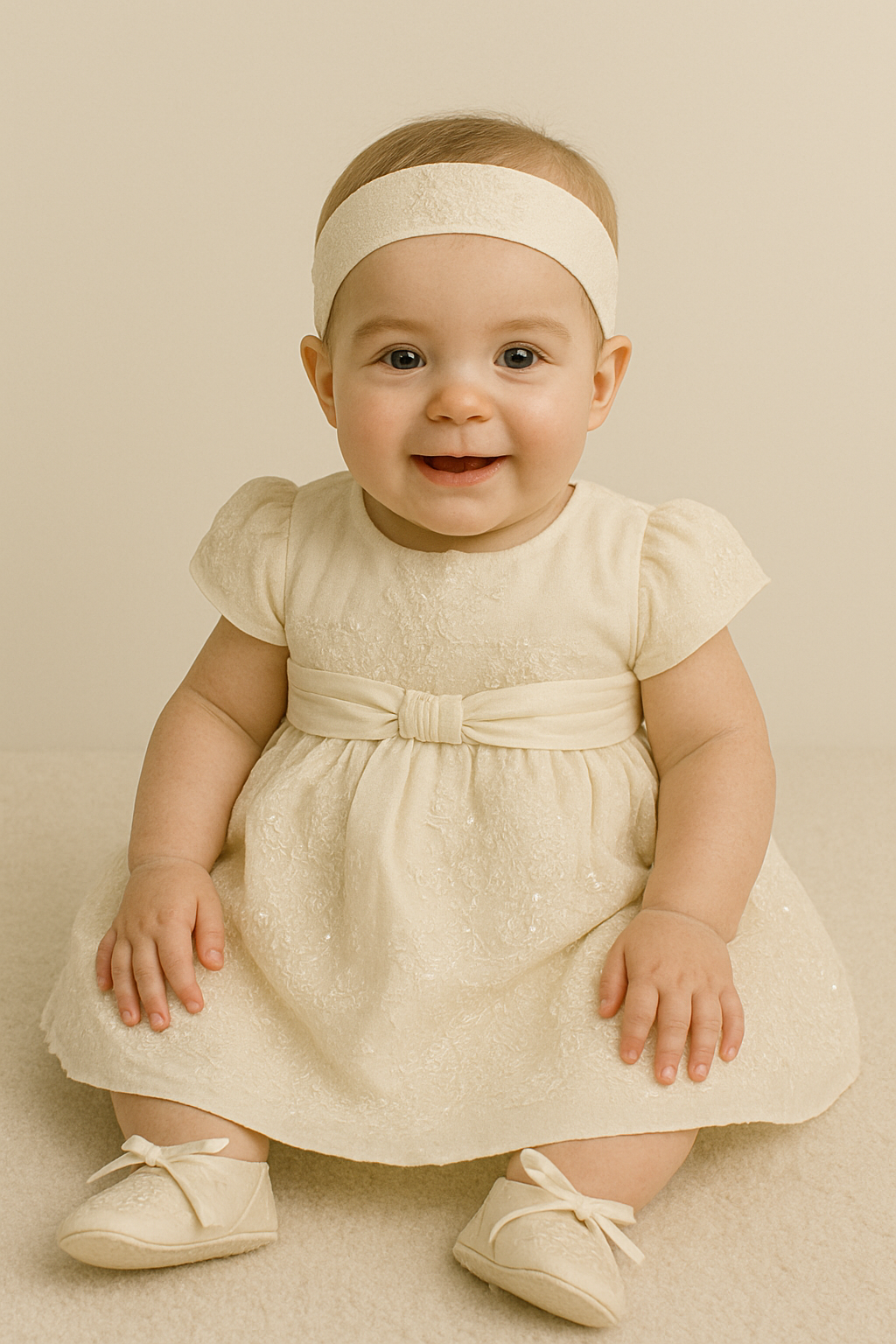 Baby girl wearing the My Blessing Fruitful ivory christening dress and matching headband featuring an embroidered lace bodice embellished with reflective sequins and glass seed beads.