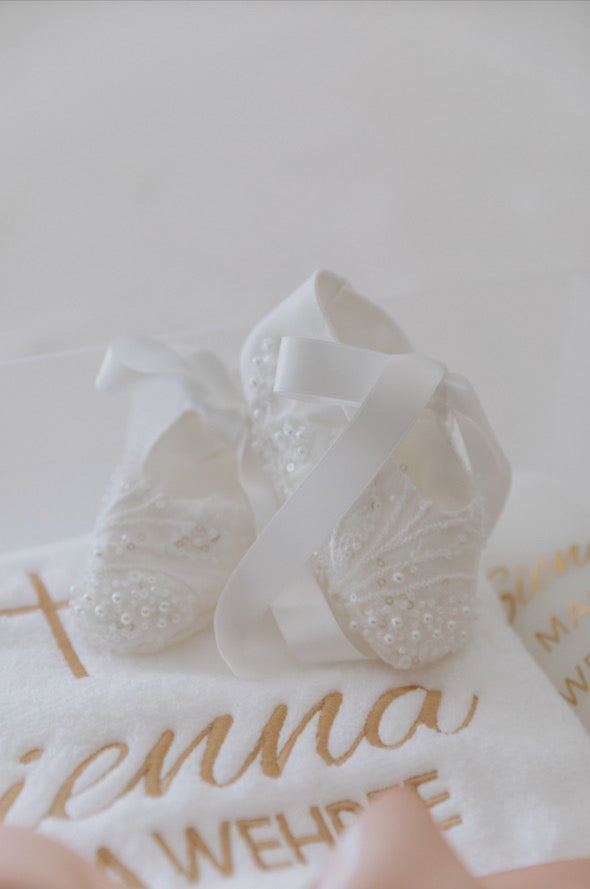 My Blessing ivory christening shoes with lace detailing embellished with glass seed beads and pearls from the Gianna set.