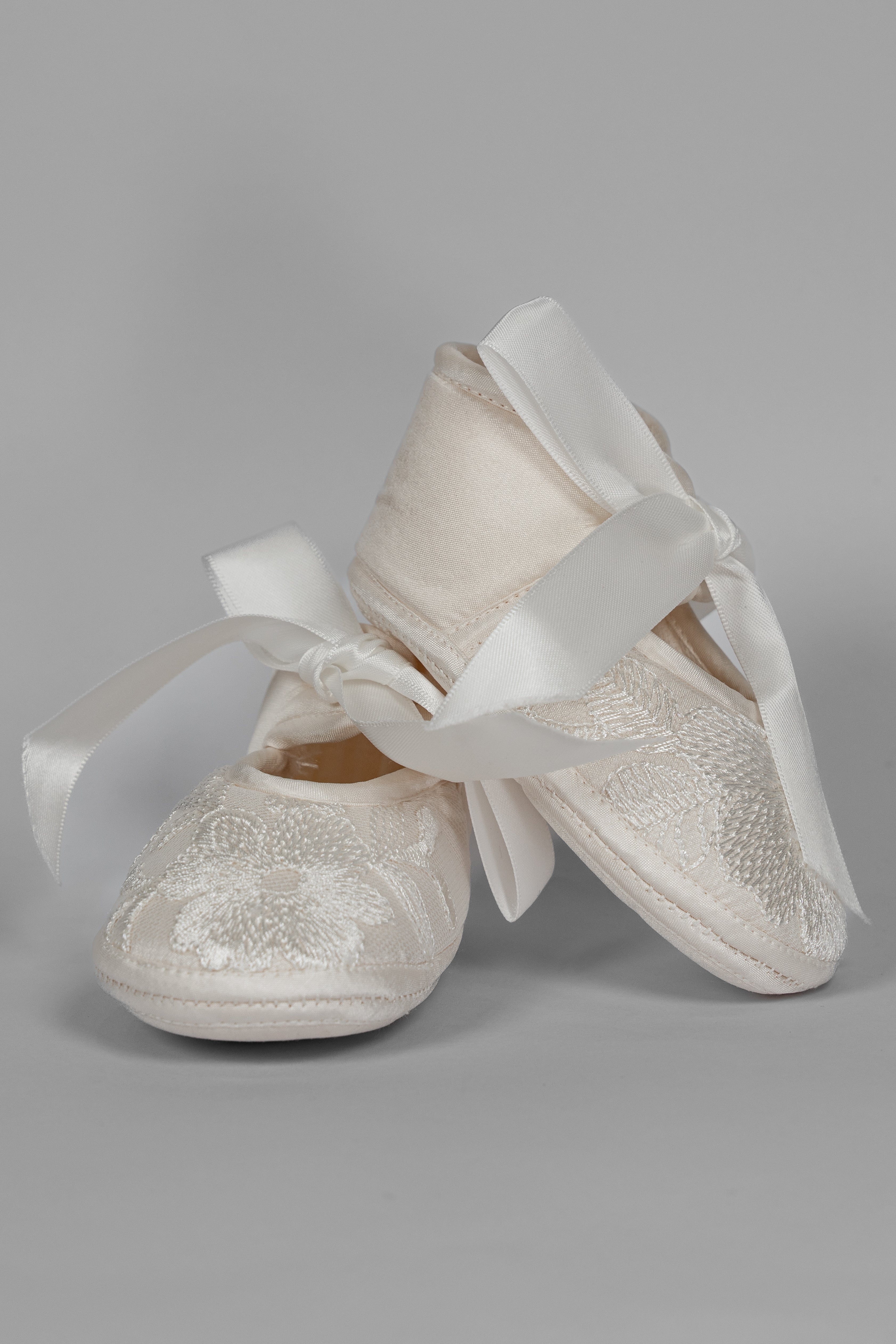 My Blessing ivory christening shoes from the Glory set featuring European lace with subtle glass seed bead detailing.