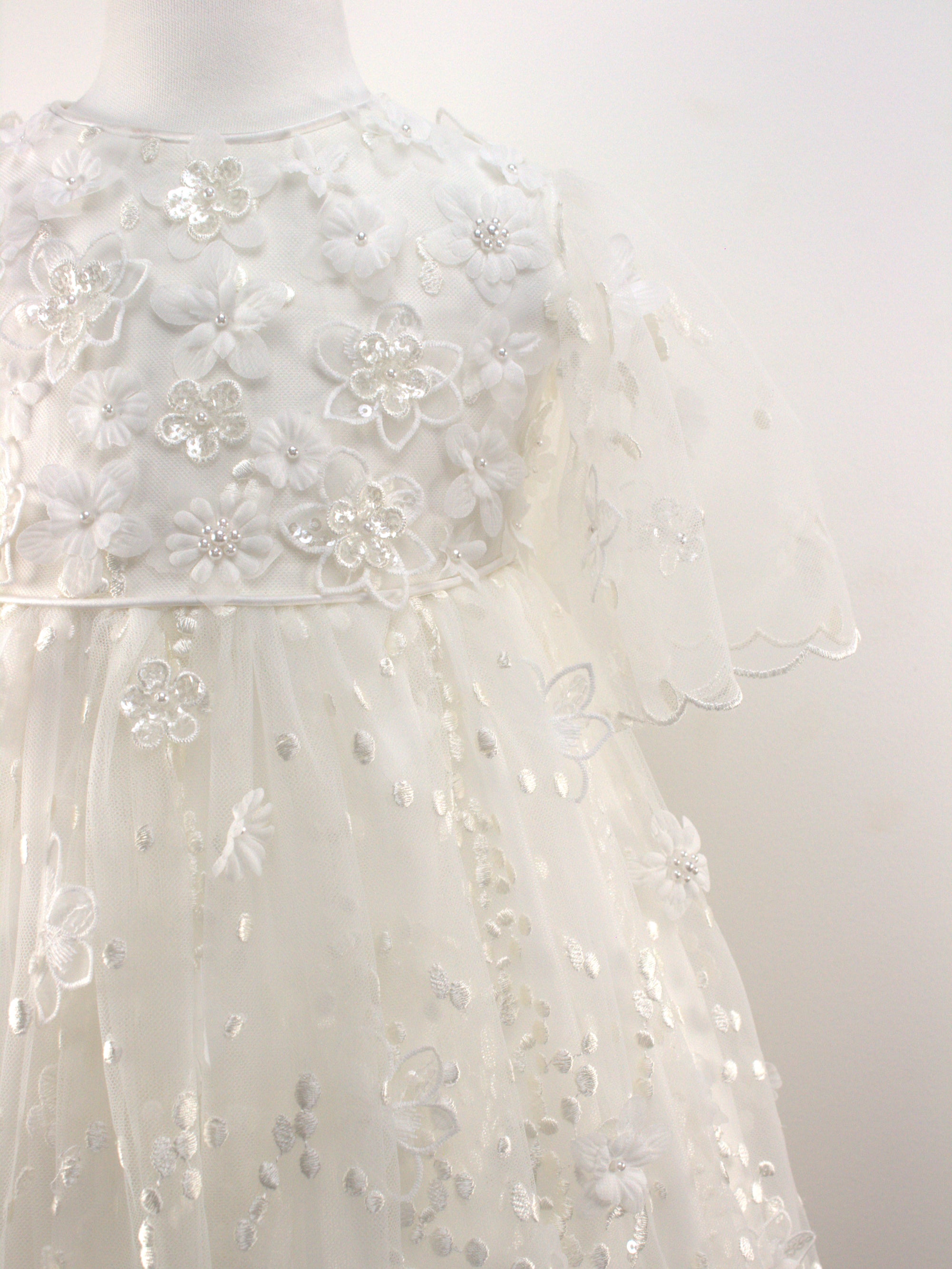 Close-up of the My Blessing Nahren gown’s front bodice showing intricate floral lace embroidery and bead detailing.