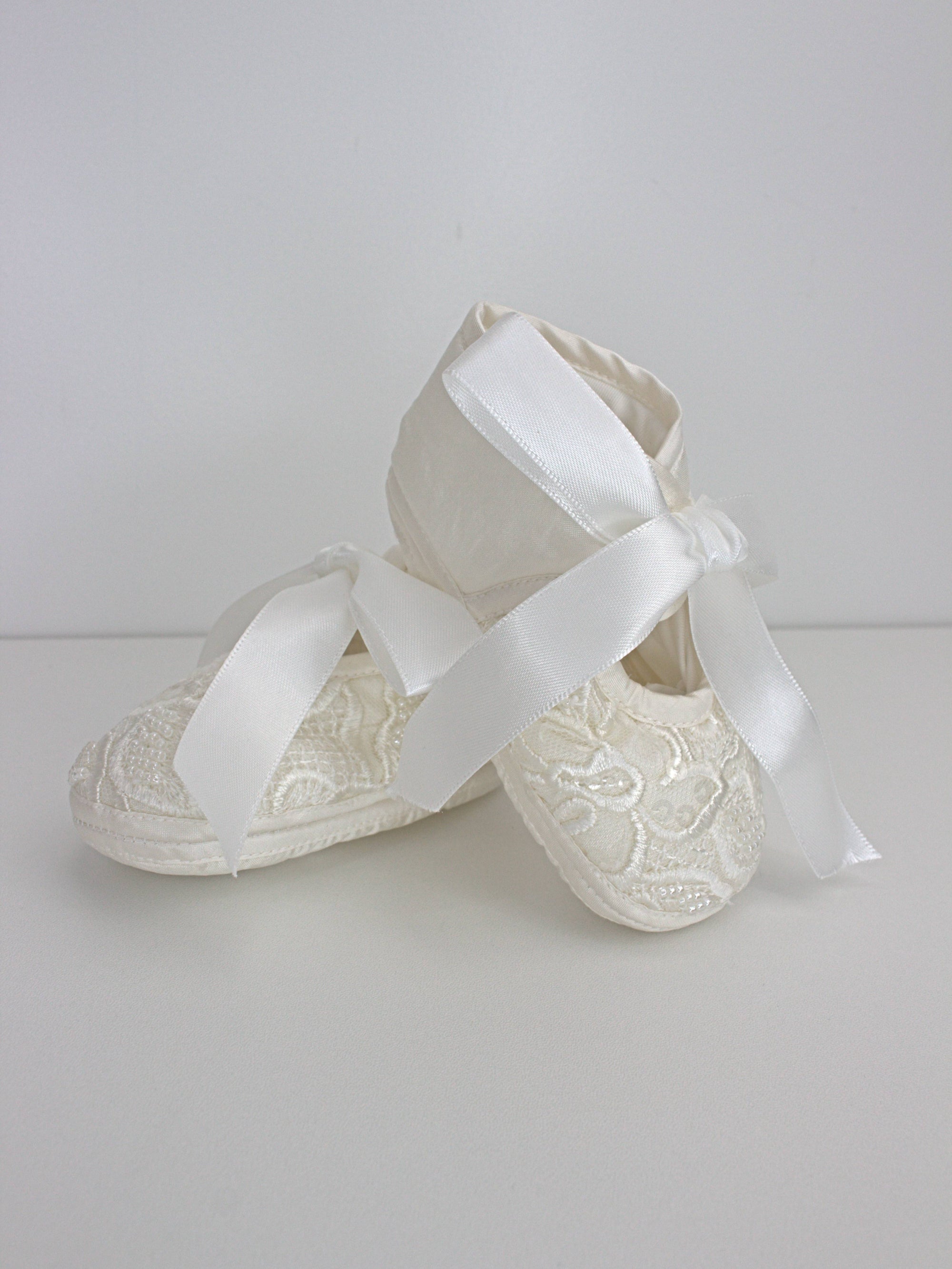 My Blessing Praise ivory christening shoes with satin finish and lace detailing from the Praise set.