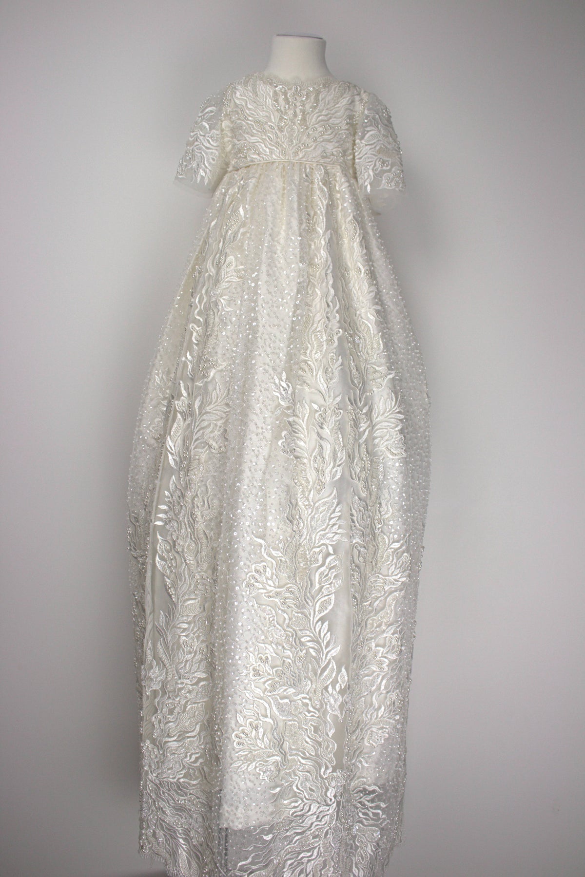 Ivory full‑length My Blessing Zillah christening gown featuring European bridal lace with intricate beadwork including Swarovski crystals, pearls, tubed glass beads and seed beads.