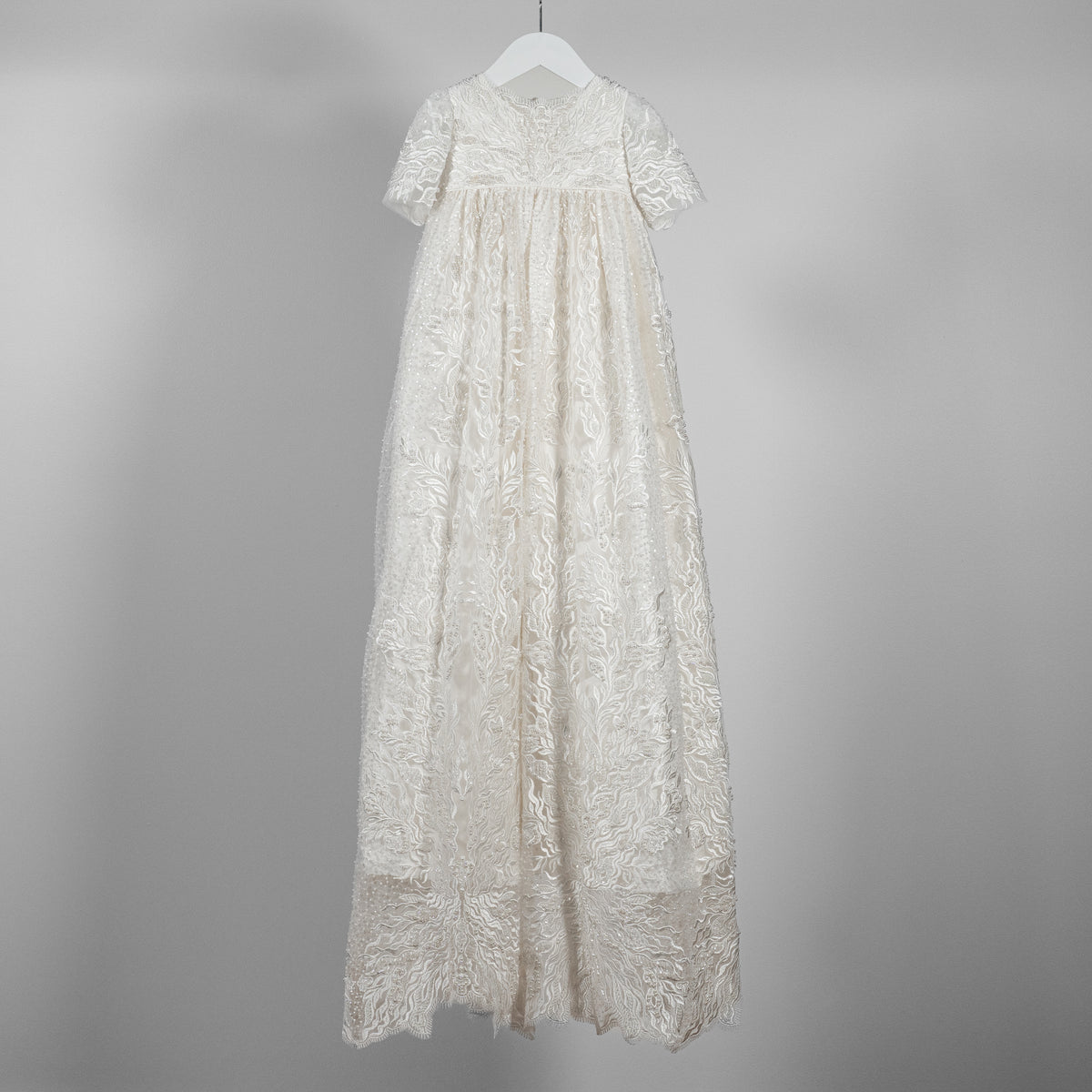 Ivory full‑length My Blessing Zillah christening gown featuring European bridal lace with intricate beadwork including Swarovski crystals, pearls, tubed glass beads and seed beads.